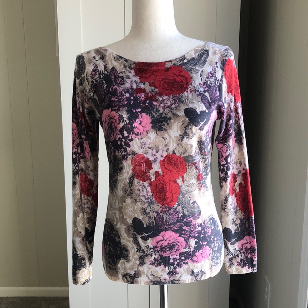 Talbots Floral Crewneck Sweater 100% Merino Wool Sz S EUC!